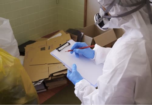 特殊清掃現場で、防護服を着た作業員が見積もりをする様子